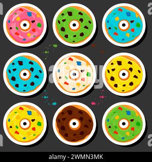 Illustration sur le thème grand ensemble différents types beignets collants, beignets sucrés de différentes tailles, motif beignets composé de la collection beignets bio fr Illustration de Vecteur