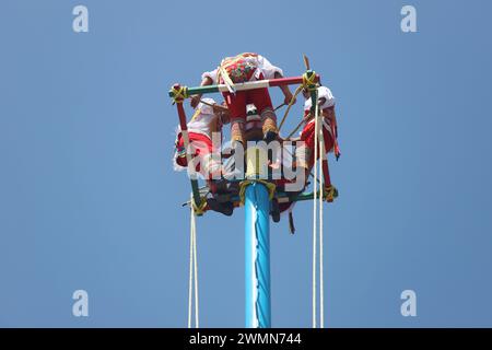 El Tajin, ville préhispanique, MEXIQUE - février 02, 2024. Voladores de Papantla Flyers exécutant un antique rituel totonaca aux dieux d'El Tajin, en février Banque D'Images