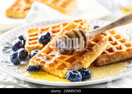 Gaufres sucrées et très savoureuses au miel et aux myrtilles. Banque D'Images