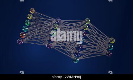 Voies neuronales : sphères représentant les neurones connectés, rendu 3D. Banque D'Images