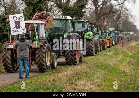 Fribourg, Allemagne. 27 février 2024. En marge de la visite du chancelier Scholz, des agriculteurs de la région manifestent contre le gouvernement fédéral actuel. Un participant tient une pancarte indiquant « les feux de circulation doivent aller ». Crédit : Christoph Schmidt/dpa/Alamy Live News Banque D'Images