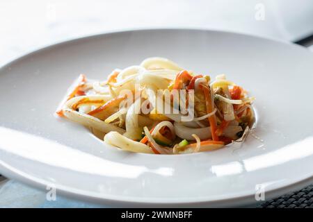 Nouilles Yaki Udon sautées avec crevettes, fruits de mer gros plan, légumes et sauce à base de soja. Cuisine japonaise. Banque D'Images