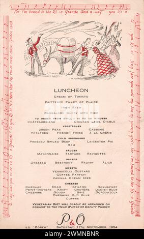 Menu de déjeuner bateau à vapeur vintage P&O Cruise Ocean Liner du S.S. Corfu en 1954. Banque D'Images