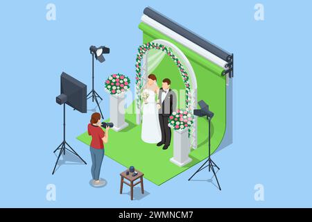 photographe féminin dans le studio prend des photos de mariage. Photos de mariage, jeunes mariés heureux. Mariage, marié, mariée, robe blanche de demoiselle d'honneur, Illustration de Vecteur