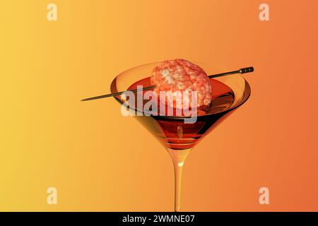 Cocktail rouge garni de cerveau humain réaliste sur pic argenté sur fond orange. Concept de conduite sous l'influence (DUI) et halloween Banque D'Images