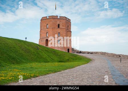 Tour de Gediminas à Vilnius. Route pavée menant au château de briques au sommet de la colline. Banque D'Images