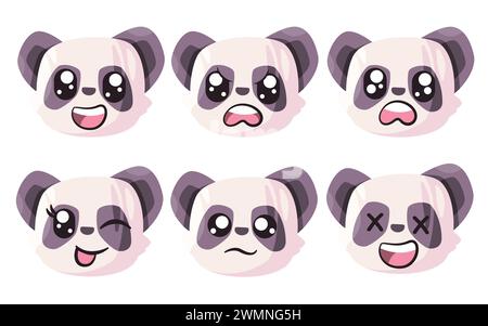 Émoticône d'expression faciale de Panda avec yeux et collection de bouche blanc de dessin animé vectoriel Illustration de Vecteur