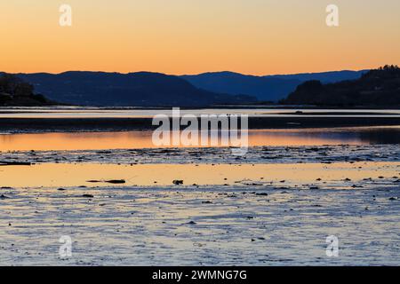 Vue sur la rivière Gaula se jette dans le fjord de Trondheim, la zone agricole Byneset et la réserve naturelle Gaulosen au coucher du soleil à l'automne Banque D'Images