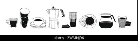 Ensemble de différents éléments de café dessin d'art de ligne. Illustration de Vecteur