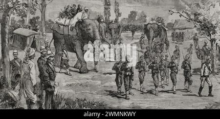 Seconde guerre afghane (1878-1880). Guerre entre l'Inde britannique et l'Émirat d'Afghanistan. Expédition des troupes Gurkha d'Almorah à Lahore. Gravure par Rico. La Ilustración Española y Americana (illustration espagnole et américaine), 1878. Banque D'Images