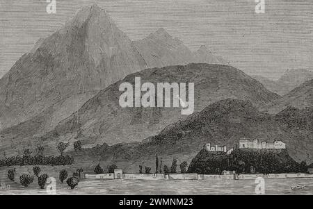 Histoire de l'Afghanistan. xixe siècle. Quetta. Vue générale de la ville à l'entrée du col de Bolan (actuel territoire pakistanais). Gravure. La Ilustración Española y Americana (illustration espagnole et américaine), 1878. Banque D'Images