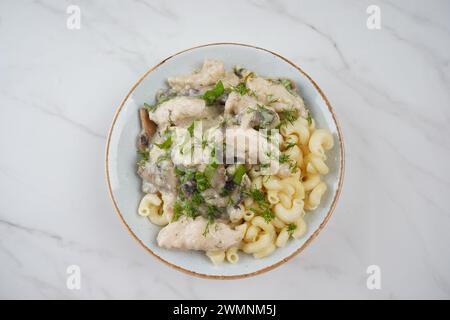 Fricassee - cuisine française. Poulet cuit dans une sauce crémeuse avec des champignons dans une assiette Banque D'Images
