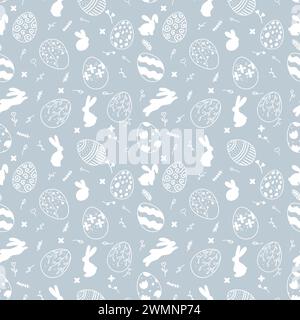 Motif de Pâques sans couture sur fond bleu avec silhouette blanche de lapins de Pâques et d'œufs Illustration de Vecteur