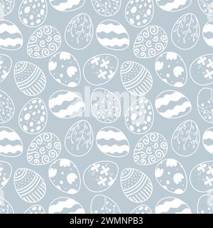 Motif de Pâques sans couture sur fond bleu avec silhouette blanche de lapins de Pâques et d'œufs Illustration de Vecteur
