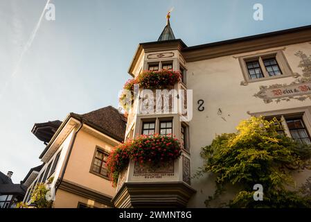 Maisons décorées avec des fleurs sur un après-midi ensoleillé d'automne dans la vieille ville de Meerrsburg - Altstadt Banque D'Images