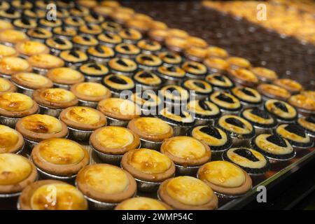 Vue rapprochée des différents types de tartes au fromage cuit Hokkaido. Banque D'Images