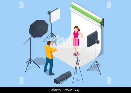 Photographe isométrique et modèle en studio. Studio photo moderne avec équipement professionnel. Jeune homme utilisant un appareil photo professionnel. Illustration de Vecteur