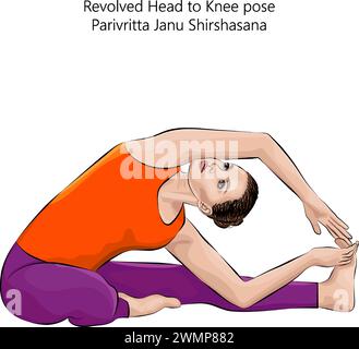 Jeune femme faisant du yoga Parivritta Janu Shirshasana. Posture de la tête au genou pivotée. Difficulté intermédiaire. Illustration vectorielle isolée. Illustration de Vecteur