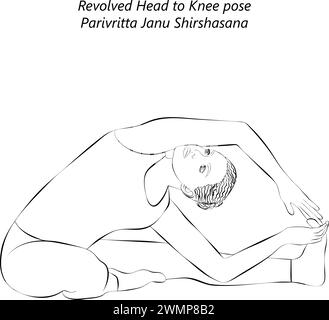 Croquis de femme faisant du yoga Parivritta Janu Shirshasana. Posture de la tête au genou pivotée. Difficulté intermédiaire. Illustration vectorielle isolée. Illustration de Vecteur