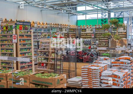 Vue du magasin de jardin avec une gamme d'articles de jardinage divers, mettant en valeur le concept complet de jardinage. Banque D'Images