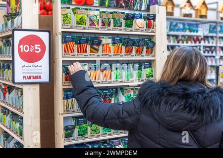 Vue rapprochée de la femme choisissant des paquets de graines de carotte sur les étagères dans le magasin de jardin. Concept de jardinage. Suède. Uppsala. Banque D'Images