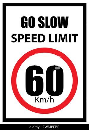 Panneau de limite de vitesse, panneau 60 km/h, Go slow, panneau de limite de vitesse avec bordure rouge Illustration de Vecteur