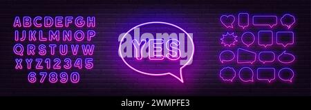 Violet Rose gradient fluorescent néon alphabet et bulle de parole sur fond de mur de briques. Oui signe de néon sur fond de mur de briques. Illustration de Vecteur