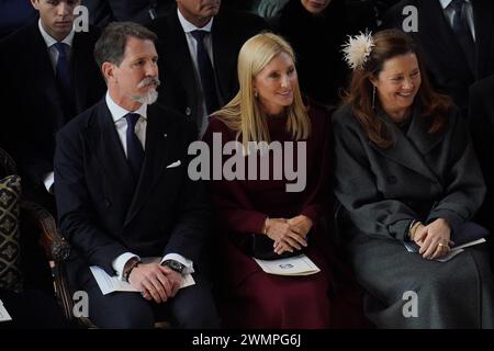 Le prince héritier Pavlos de Grèce, la princesse héritière Marie-Chantal de Grèce et la princesse Alexie de Grèce assistent à un service d'action de grâce pour la vie du roi Constantin des Hellènes à la chapelle Saint-Georges, au château de Windsor, dans le Berkshire. Date de la photo : mardi 27 février 2024. Banque D'Images