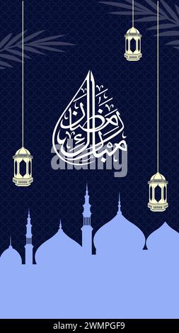 Texte de Ramadan Moubarak avec masjid et lanternes, art typographique, image de Ramadan pour les médias sociaux, carte de voeux de Ramadan et publicité Banque D'Images