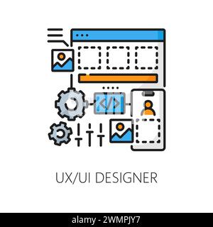 UI et ux designer, icône de ligne de couleur de développement web. Spécialiste informatique, carrière et poste vacant panneau linéaire vectoriel isolé présentant une interface d'expérience utilisateur moderne, minimaliste et visuellement attrayante Illustration de Vecteur