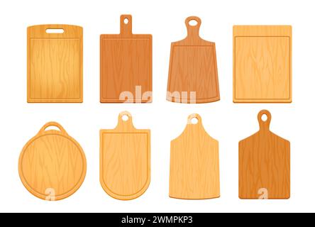 Planches à découper en bois de dessin animé ou plaques de découpe de cuisine en bois, set de vecteur. Planches à découper les aliments, cercle pour pizza, plaques rondes et carrées pour table ou cuisson avec des trous dans les poignées Illustration de Vecteur