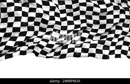 Motif abstrait de drapeau à carreaux noir et blanc ondulant en mouvement sur un fond ondulant. rendu 3d. Banque D'Images