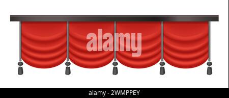 Rideaux rouges avec draperie vintage, tissu plié 3D avec illustration vectorielle de pompons noirs Illustration de Vecteur