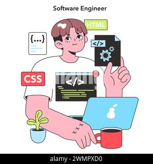 Un ingénieur logiciel qualifié affiche les outils du commerce avec confiance, entouré d'icônes de HTML et CSS, représentant l'artisanat moderne du développement Web. Illustration de Vecteur