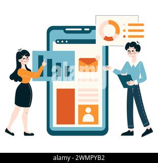 Concept de stratégie de marketing mobile. Professionnels travaillant avec un smartphone géant, analysant des graphiques de données. Engagement interactif, analyse des données utilisateur. Illustration vectorielle plate Illustration de Vecteur