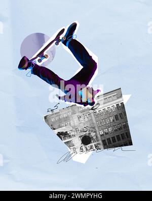 Image créative de jeune homme dans des vêtements de style de rue, skateboard dans la formation de mouvement contre le bâtiment monochrome. Collage d'art contemporain. Banque D'Images