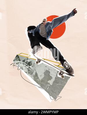 Image créative de jeune homme dans des vêtements de style de rue, skateboard dans la formation de mouvement sur fond abstrait. Collage d'art contemporain. Banque D'Images
