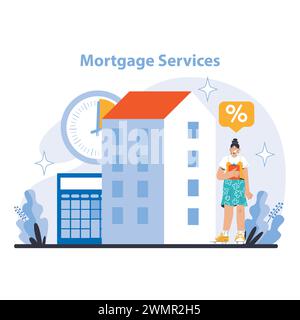 Concept de services hypothécaires. Des solutions de prêt immobilier sur mesure pour faire des rêves immobiliers une réalité. Orientation par le biais des taux d'intérêt et des plans de remboursement. Illustration vectorielle plate. Illustration de Vecteur