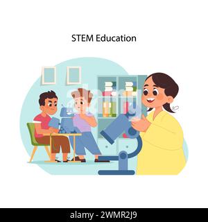 Concept d'apprentissage STEM. Des étudiants enthousiastes expérimentent la robotique, tandis que la jeune fille regarde au microscope. Engagement pratique dans l'enseignement des sciences et de la technologie. Illustration vectorielle plate Illustration de Vecteur