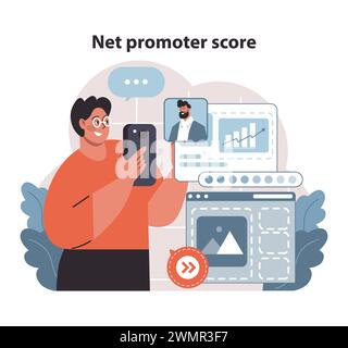 Concept Net Promoter score. L'illustration capture la mesure de la fidélité et de la satisfaction des clients par l'analyse des commentaires. Illustration vectorielle plate. Illustration de Vecteur