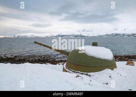 Batterie de canons navals de la seconde guerre mondiale sur les rives de Vestfjorden près de Lødingen sur les îles Lofoten dans le nord de la Norvège Banque D'Images