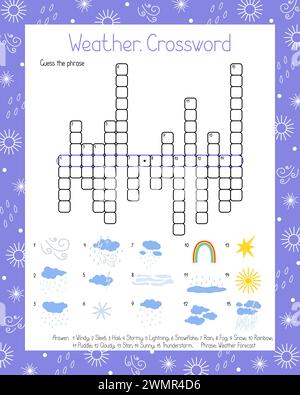 Puzzle de mots croisés météo, illustration vectorielle d'activités de recherche de mots feuille de travail imprimable pour les enfants, jeu éducatif ou de loisirs, environnement anglais topique, vocabulaire de prévision météorologique climatique Illustration de Vecteur