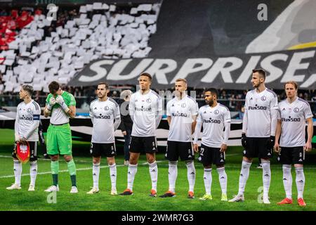 Varsovie, Pologne. 22 février 2024. Josue Pesqueira, Kacper Tobiasz, Yuri Ribeiro, Steve Kapuadi, Rafal Augustyniak, Juergen Elitim, Tomas Pekhart et Radovan Pankov (de gauche à droite) de Legia sont vus lors du match éliminatoire de l'UEFA Europa Conference League entre Legia Warszawa et Molde FK au stade municipal du Marshal Jozef Pilsudski Legia Varsovie. Score final : Legia Warszawa 0:3 Molde FK. (Photo de Mikolaj Barbanell/SOPA images/Sipa USA) crédit : Sipa USA/Alamy Live News Banque D'Images