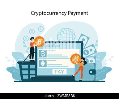 Concept de paiement de crypto-monnaie. Une scène de transaction moderne avec Bitcoin, mettant en valeur la montée des monnaies numériques décentralisées dans le shopping. Illustration vectorielle plate Illustration de Vecteur