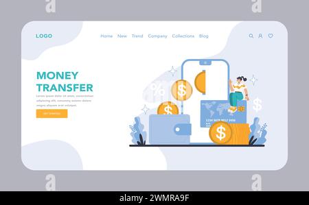 Transfert d'argent Web ou page d'accueil. Simplifier les transactions mondiales avec des transferts numériques rapides et des paiements par carte sécurisés. Mobilité financière pour tous. Illustration vectorielle plate. Illustration de Vecteur