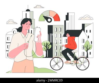 Sensibilisation à la qualité de l'air. Indice de qualité de l'air et surveillance de la pollution. Purificateurs d'air dispositifs et mécanismes dans les environnements urbains pour une vie plus saine. Illustration vectorielle plate Illustration de Vecteur