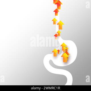 3d illustration du système digestif avec reflux gastrique et brûlures d'estomac. Avec des flèches de feu plates se déplaçant vers le haut. Estomac et œsophage découpés sur bac gris Banque D'Images