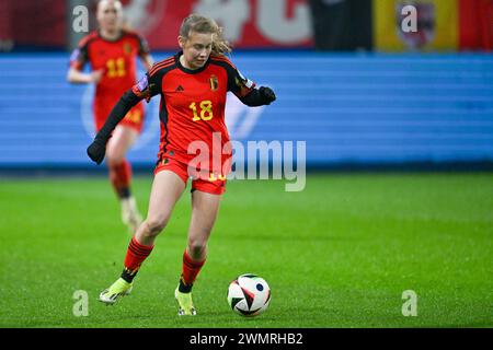 Leuven, Belgique. 27 février 2024. La belge Jarne Teulings photographiée en action lors d'un match de football entre l'équipe nationale féminine belge les Red Flames et la Hongrie, le match retour dans les matchs de promotion et relégation de la compétition Liga A De l'UEFA 2023-2024, le mardi 27 février 2024, à Heverlee, Louvain. La Belgique a remporté la première manche avec un score de 1-5. BELGA PHOTO DAVID CATRY crédit : Belga News Agency/Alamy Live News Banque D'Images