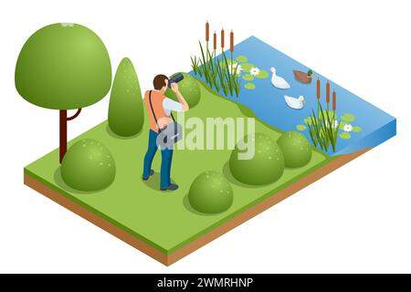 Jeune homme isométrique utilisant un appareil photo professionnel. Un homme photographie un lac avec des oiseaux Illustration de Vecteur