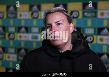 La manager de l'Irlande du Nord, Tanya Oxtoby, s'adresse aux médias après le match de 2e manche de la promotion/relégation de l'UEFA Women's Nations League à Windsor Park, Belfast. Date de la photo : mardi 27 février 2024. Banque D'Images